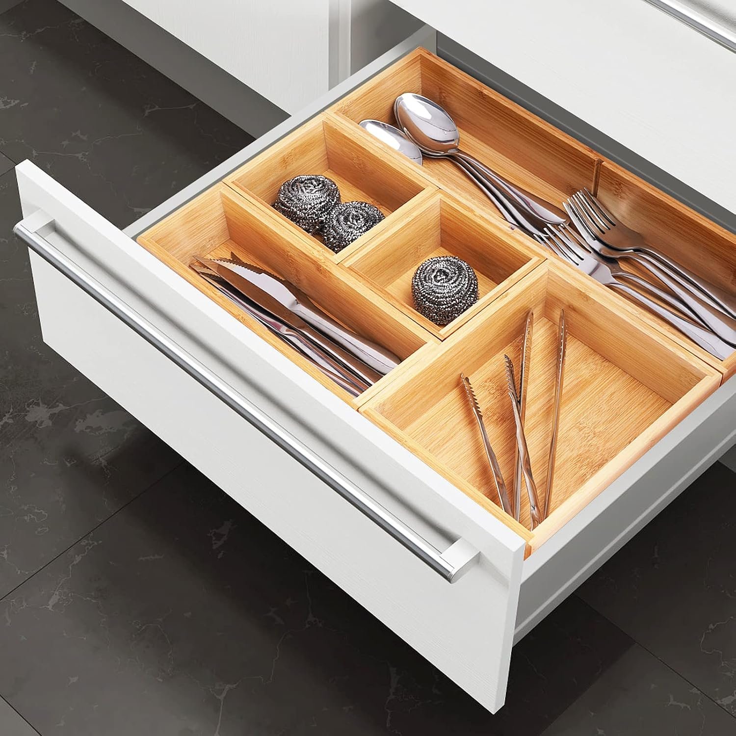 Fabsome Bathroom Drawer Organizer, Bamboo Box Bin for Junk Vanity Desk Makeup Drawer, Small Wooden Container Tea Storage Organization Tray for Kitchen Office, Set of 5 - Image 5