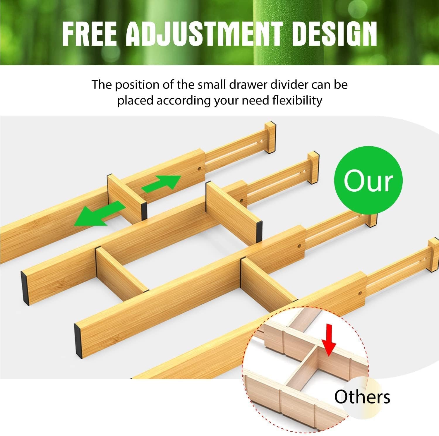 ANTOWIN Bamboo Drawer Dividers, Expandable Drawer Separators Splitter, 17-22 inches Adjustable Spring-loaded Organizer for Large Utensil, Clothes, Tools Drawers, 6 Pack Dividers + 4 Pack Baffle - Image 9