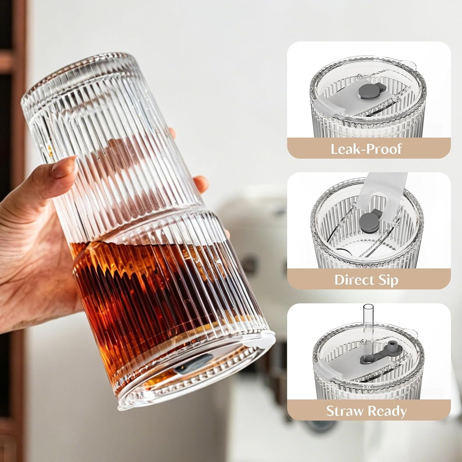 INSETLAN 20 oz Ribbed Glass Tumblers with Lids and Glass Straws – 4-Piece Glassware Set, Thickened Wall, Ideal for Iced Coffee, Smoothies, Cocktails, and Juices – Elegant and Durable Drinkware - Image 5