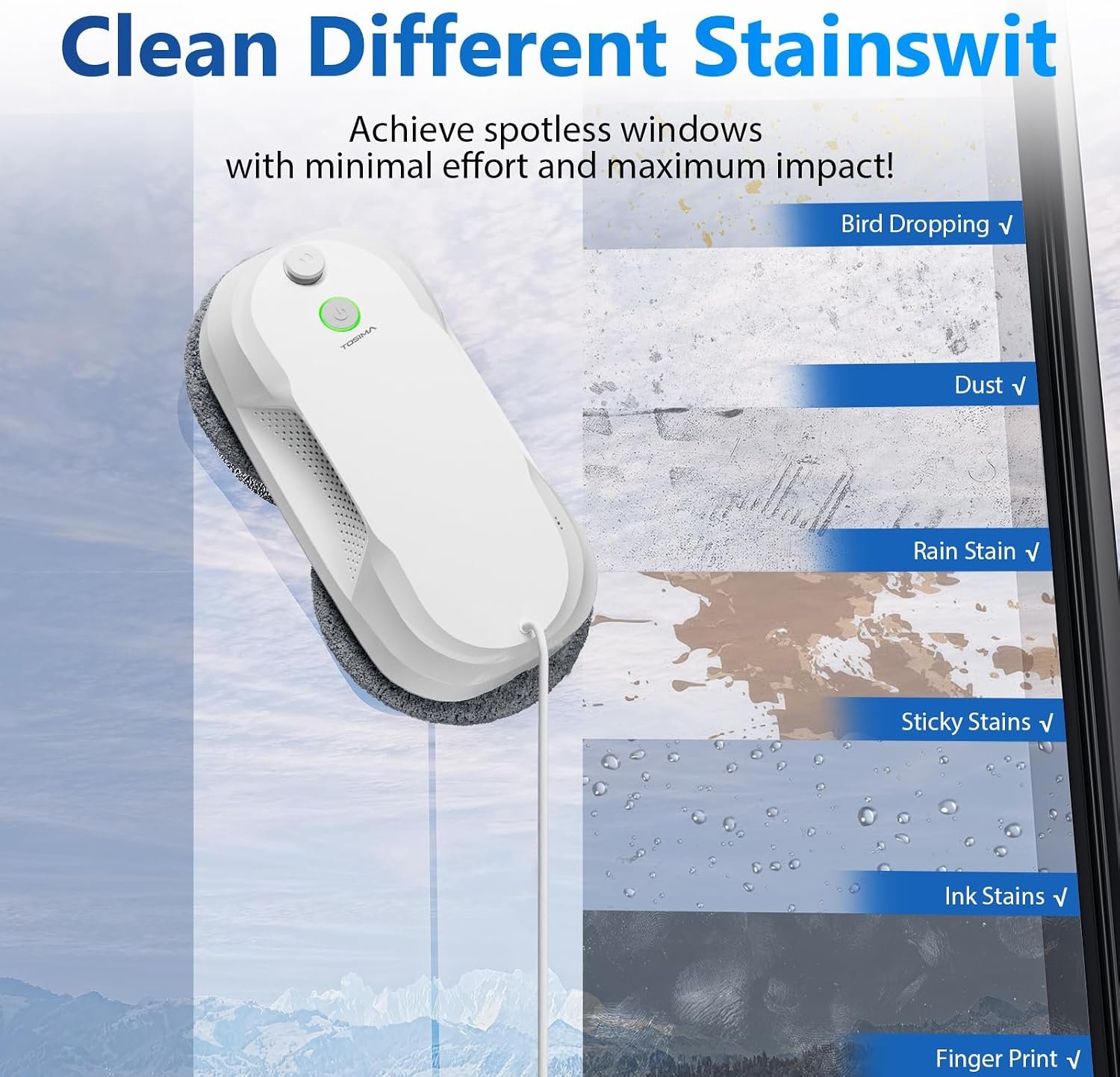 Tosima W5 Window Cleaning Robot, 6400Pa Max Adaptive Suction, Auto-Spray Smart Window Cleaner with Triple Safety System, Intelligent Navigation, Remote Control, for All Smooth Surfaces, White - Image 6