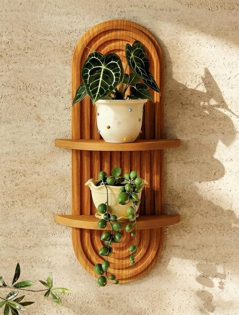 Bamworld Boho Wall Decor Plant Wall Shelf Wood Plant Holder 2 Tier Brown