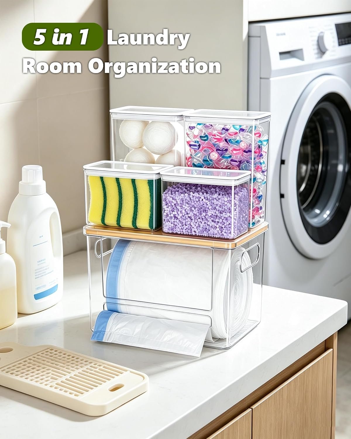 iCASA 5 in 1 Trash Bag Holder Dispenser Dishwasher & Laundry Pods Container - Image 2
