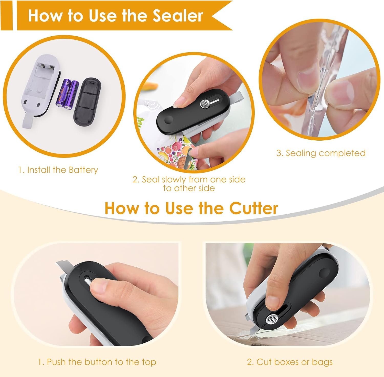 FEPPO Mini Bag Sealer, 2 in 1 Heat Sealer with Cutter, Portable Resealer Machine for Chip, Plastic Bags Food Storage Snacks (Batteries Included) - Image 5
