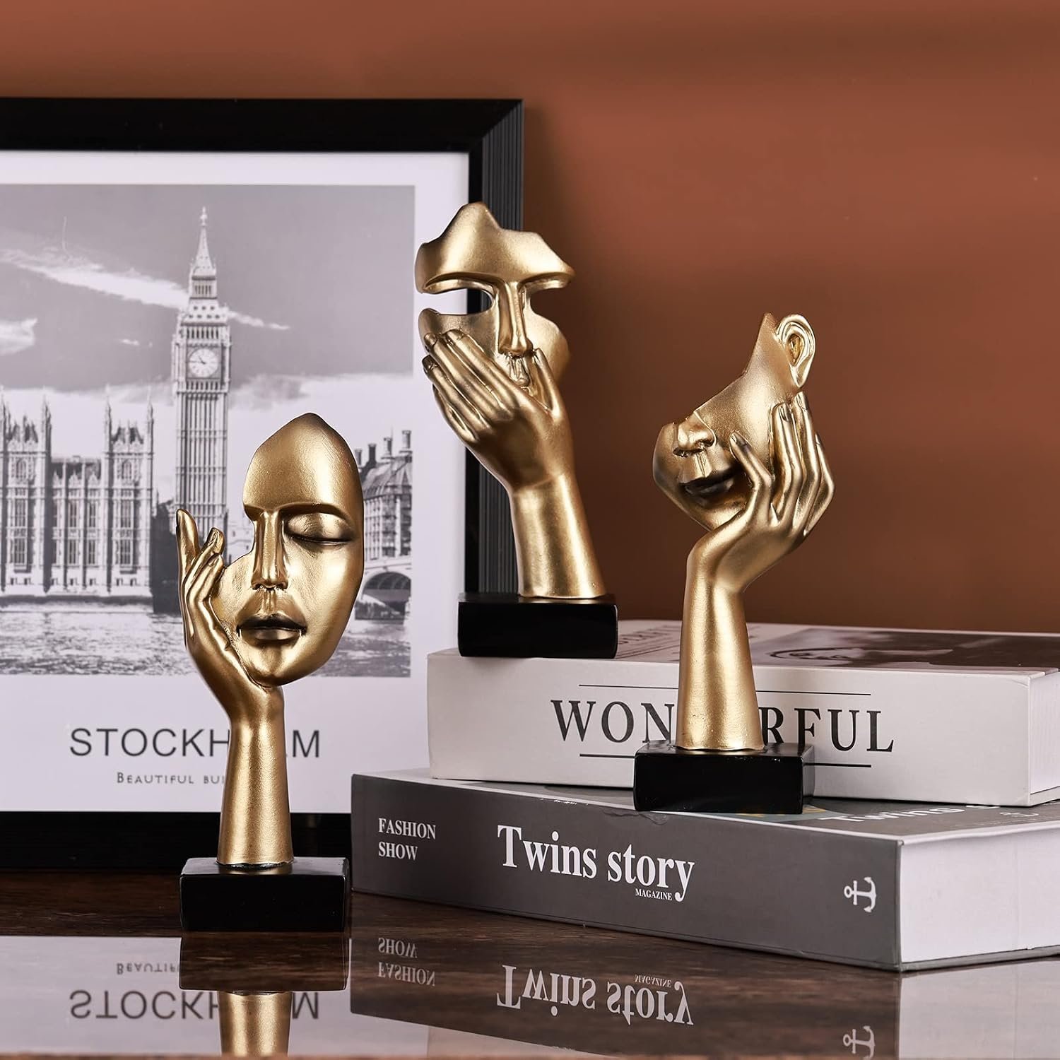 3 Pcs Thinker Small Statue Set - Black Gold Home Decor Abstract Art Figurines for Shelves, Living Room Coffee Table, Office Desktop (3 Pcs Gold, 6") - Image 9
