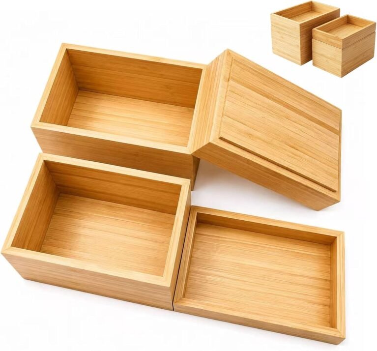 4 Pack Bamboo Drawer Organizer Set, Modular Stackable Storage Bins with Deep & Shallow Trays, Wood Desk Organizers for Office Stationery, Kitchen Utensils, Vanity Cosmetics