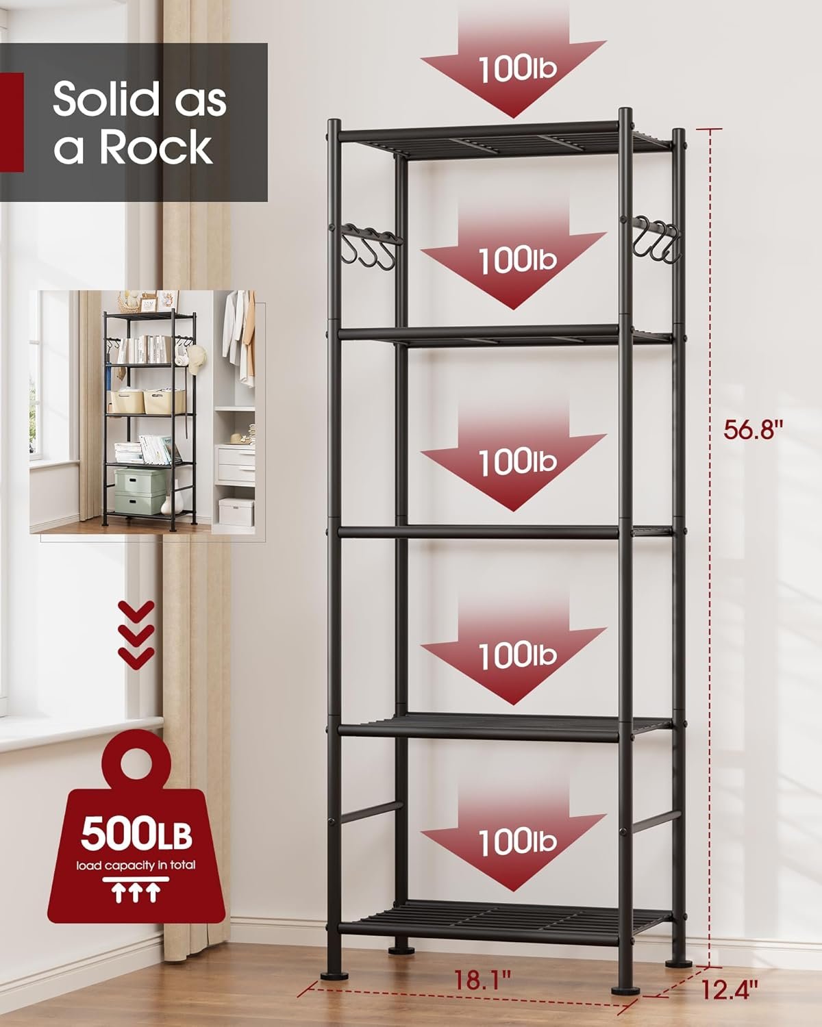 Sakugi 5-Tier Storage Rack Organizer with Hooks, Heavy Duty Metal Garage Rack with Leveling Feet, Freestanding Utility Rack for Bedroom, Balcony and Garage, 18.1"×12.4"×56.8", Black - Image 3
