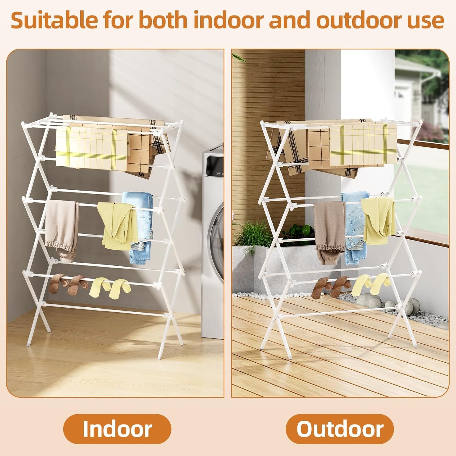 Drying Rack Clothing, 3-Tier Clothes Drying Rack Foldable, Antirust Laundry Drying Rack Collapsible Use for Indoor & Outdoor, 11.8" D x 34.6" W x 35.4" H, White - Image 5