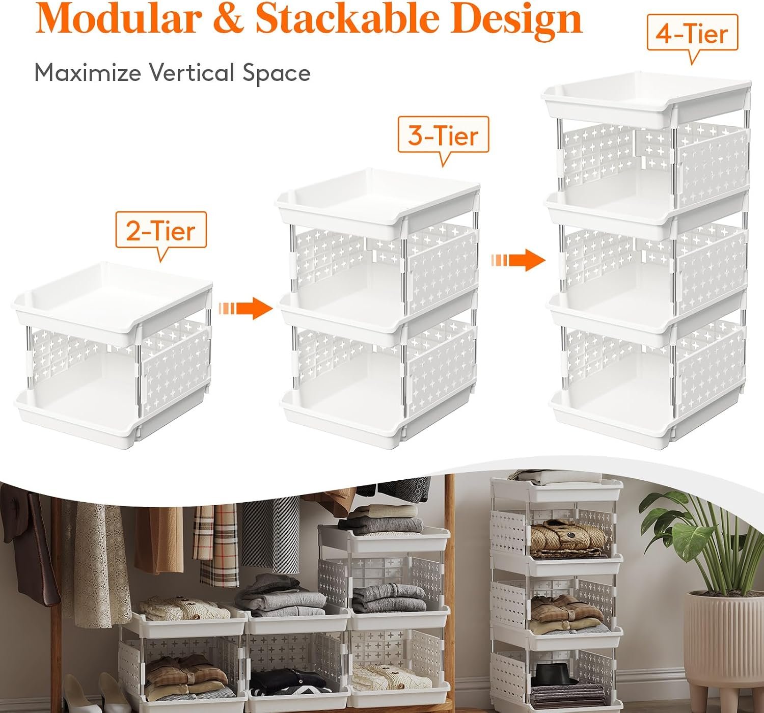 Lifewit Plastic Stackable Storage Baskets, 4 Tier Stacking Bins for Food and Clothes, Multifunctional Organizer for RV, Kitchen, Playroom, Pantry and Bathroom, 13.8"D x 11.8"W x 28.3"H, 1 Pack, White - Image 4