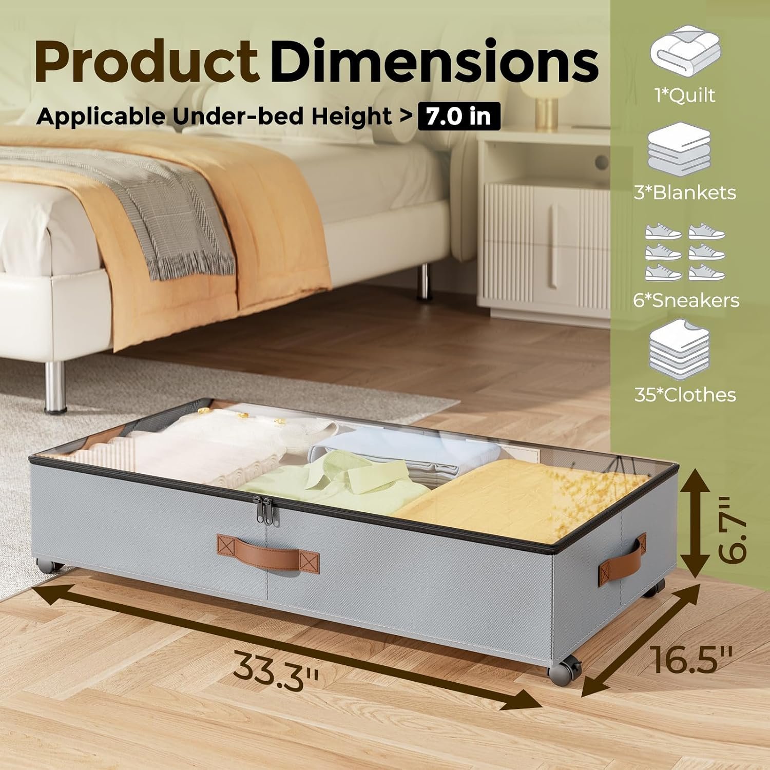 LAMU Under Bed Storage with Wheels, 2 Pack Under Bed Storage Containers with Clear Lids & Label, Rolling Under Bed Drawers for Clothes, Shoes, Blankets, Grey - Image 2