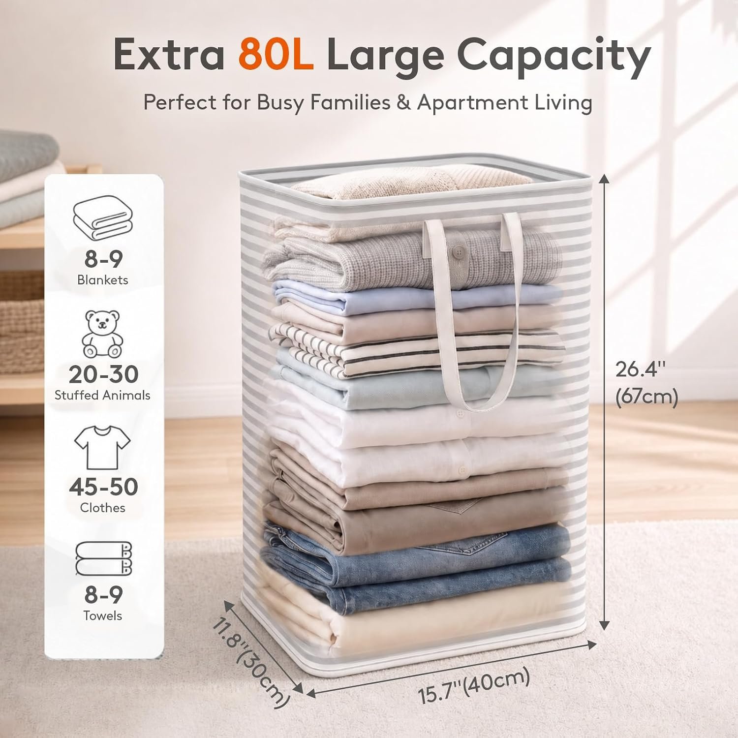 Lifewit 80L Large Laundry Baskets, 2 Pack, Reinforced Handles, Grey - Image 2
