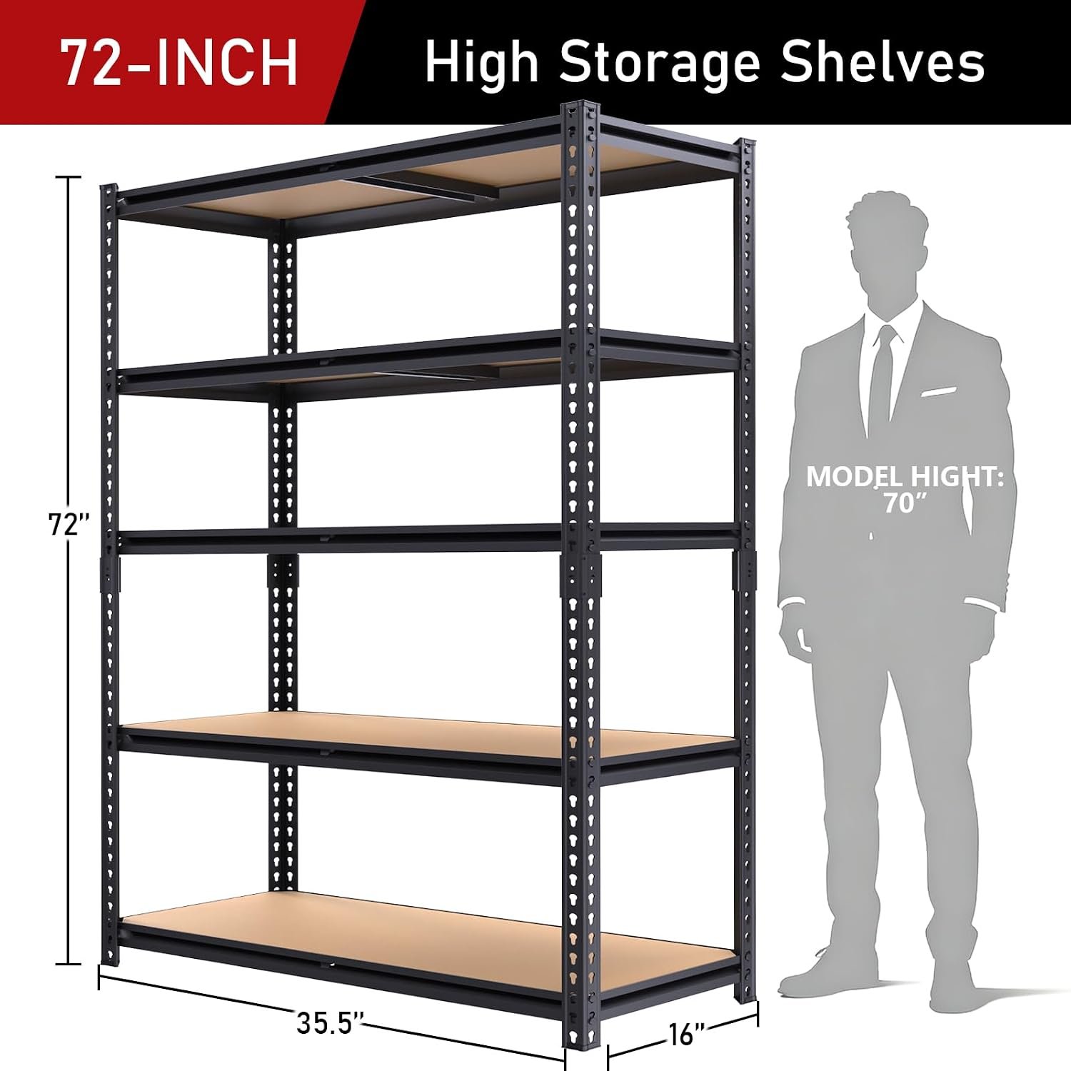 72" H Storage Shelves,Storage Shelves Heavy Duty,2400LBS Metal Shelving Units,Adjustable Garage Shelving Heavy Duty for Garage Storage,Warehouse,16"x35.5"x72 - Image 3