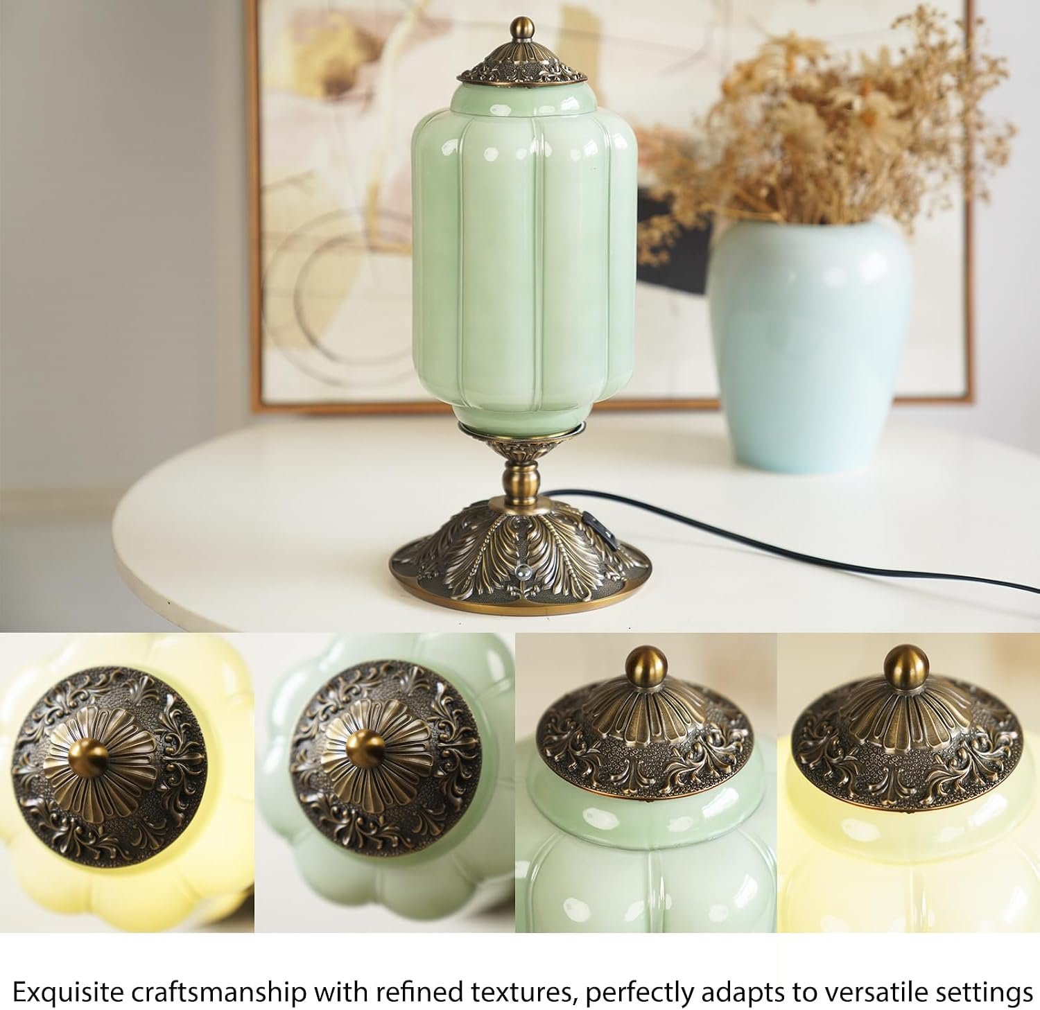 Milk Glass Touch Table Lamp, Elegant Green Jadeite Glass Bedside Desk Lamp 3 Way Dimmable with USB C+A Charging Ports - Bedroom Nightstand & Living Room Essential, 4W Bulb Included (Green, 6.5) - Image 8