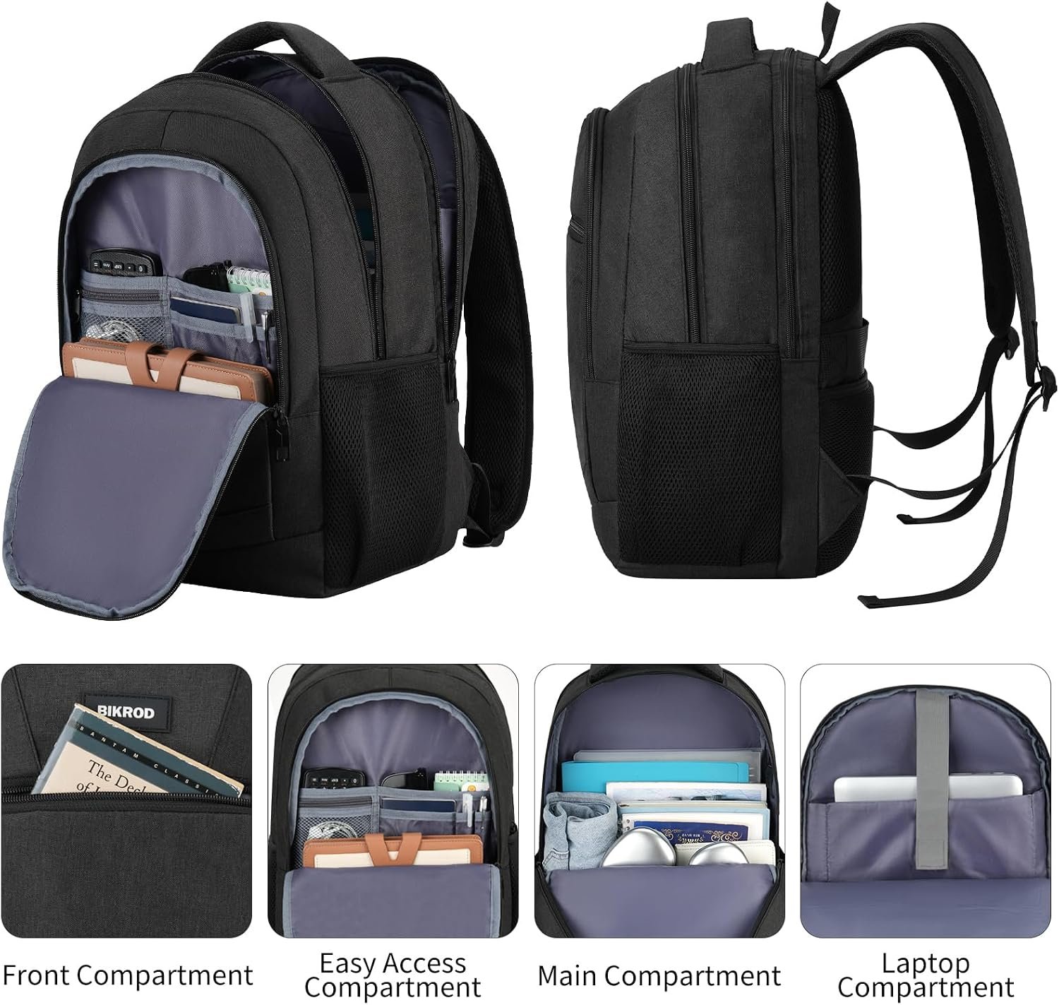 BIKROD Backpack for Men and Women, Backpacks for School Teen Boys, Colleges Water Resistant Back Pack with USB Charging Port, Sturdy Computer Bag Gifts Fits 15.6 Inch Laptop, Black - Image 2