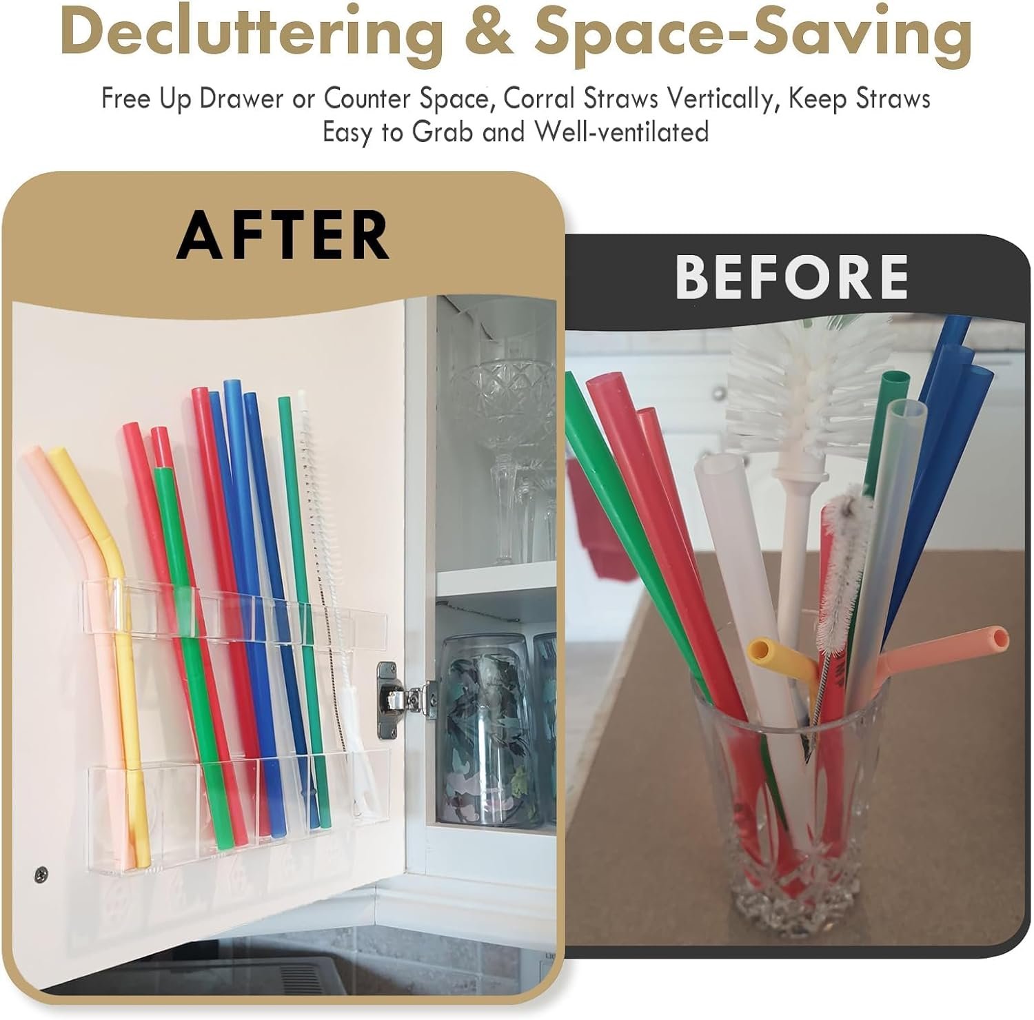 Acrylic Straw Holder for Cabinet Door - Child-Safe Organizer & Dispenser with Smooth Rounded Edges for Kitchen Accessories Storage, Adhesive Circles Included (Clear Transparent) - Image 2