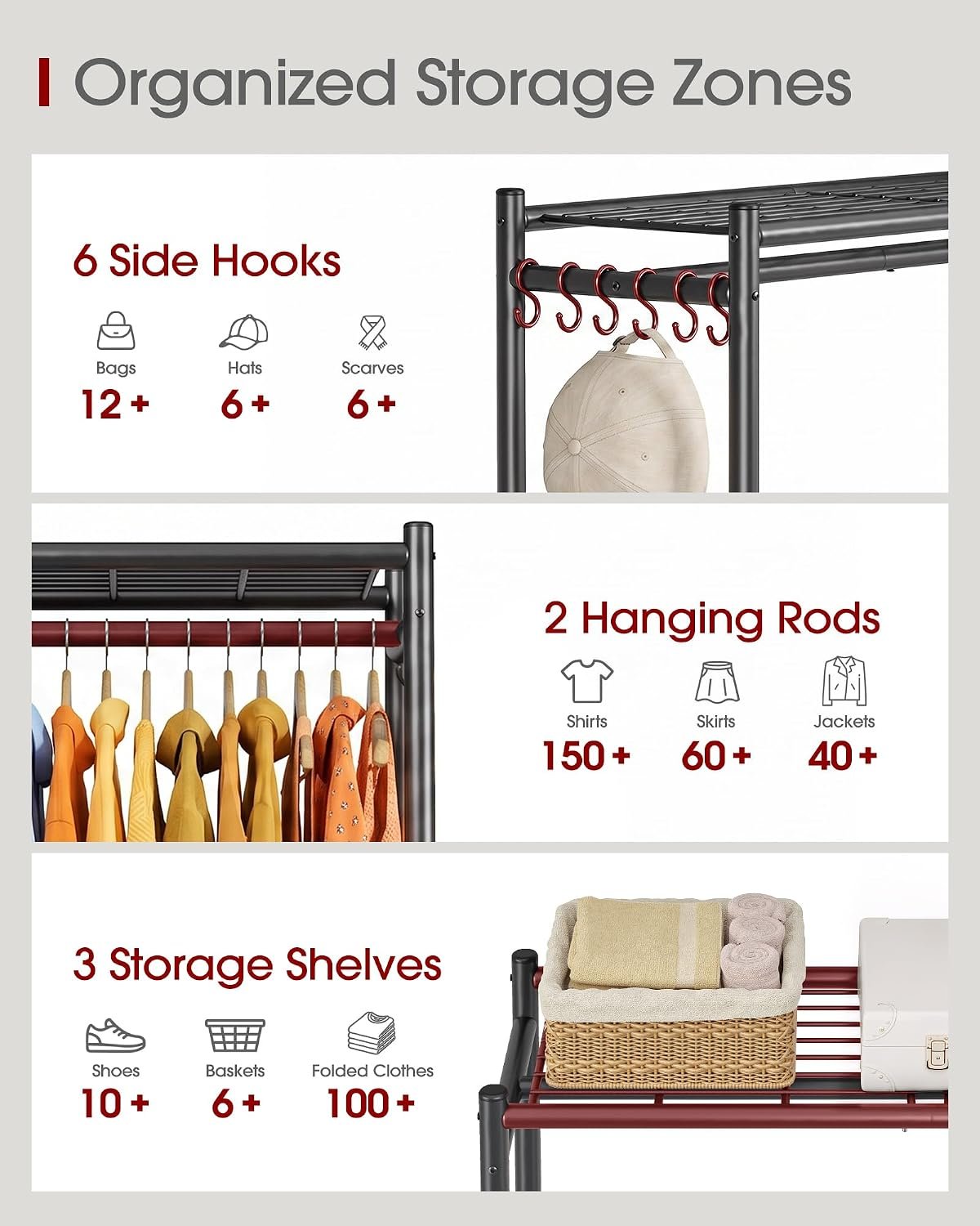 Sakugi Clothes Rack - 33.0" x 12.2" x 79.5" Clothing Rack with Shelves & Wheels, Multi-Functional Wardrobe Closet with Hooks, Sturdy Metal Garment Rack for Bedroom, Laundry, Balcony (Black) - Image 4