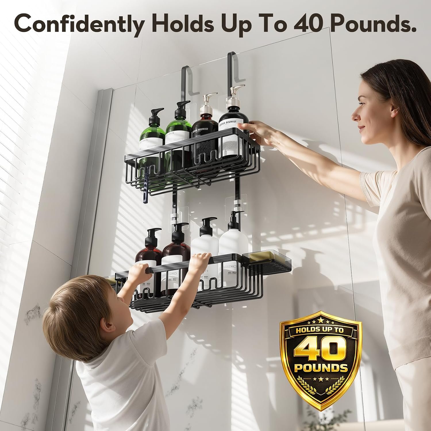 Over the Door Shower Caddy Hanging With Double Soap Holder Never Rust Aluminum Shower Shelf With 4 Hooks Hanging Bathroom Organizer No Drilling Shelves for Bathroom Storage Black - Image 5