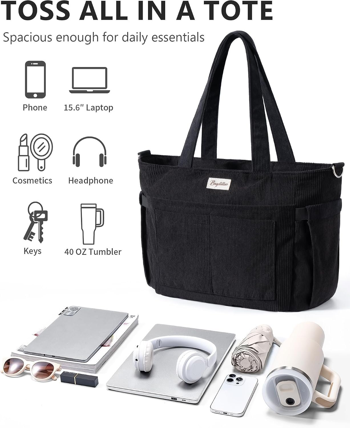 Bagstellar Corduroy Tote Bag for Women, 17 Pockets Laptop Work Tote Purse - Image 5