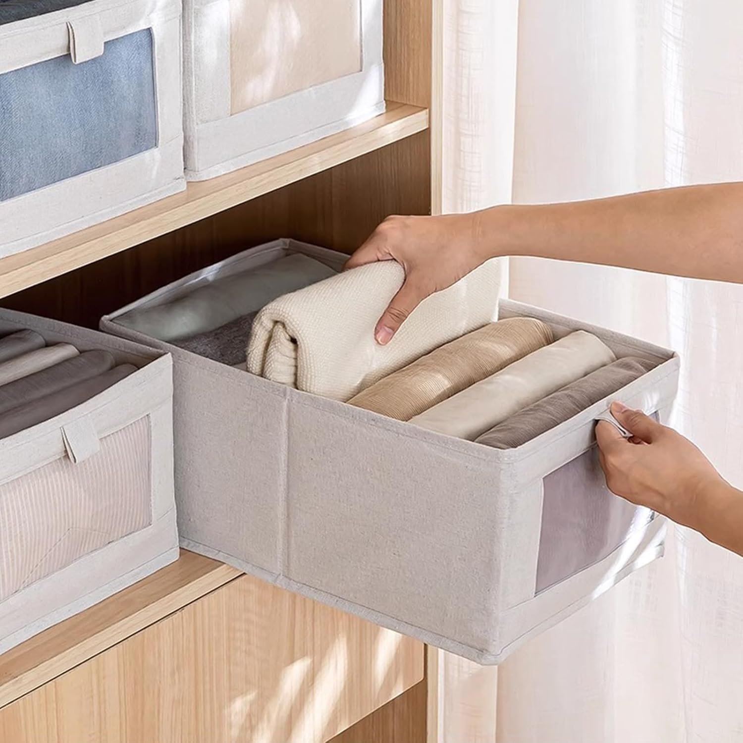 Pradnel Linen Closet Organizers And Storage, 4 Pack Storage Bins Baskets for Organization Foldable Organizer with Clear Window Organizing Clothing, Jeans, Shelves - Image 4