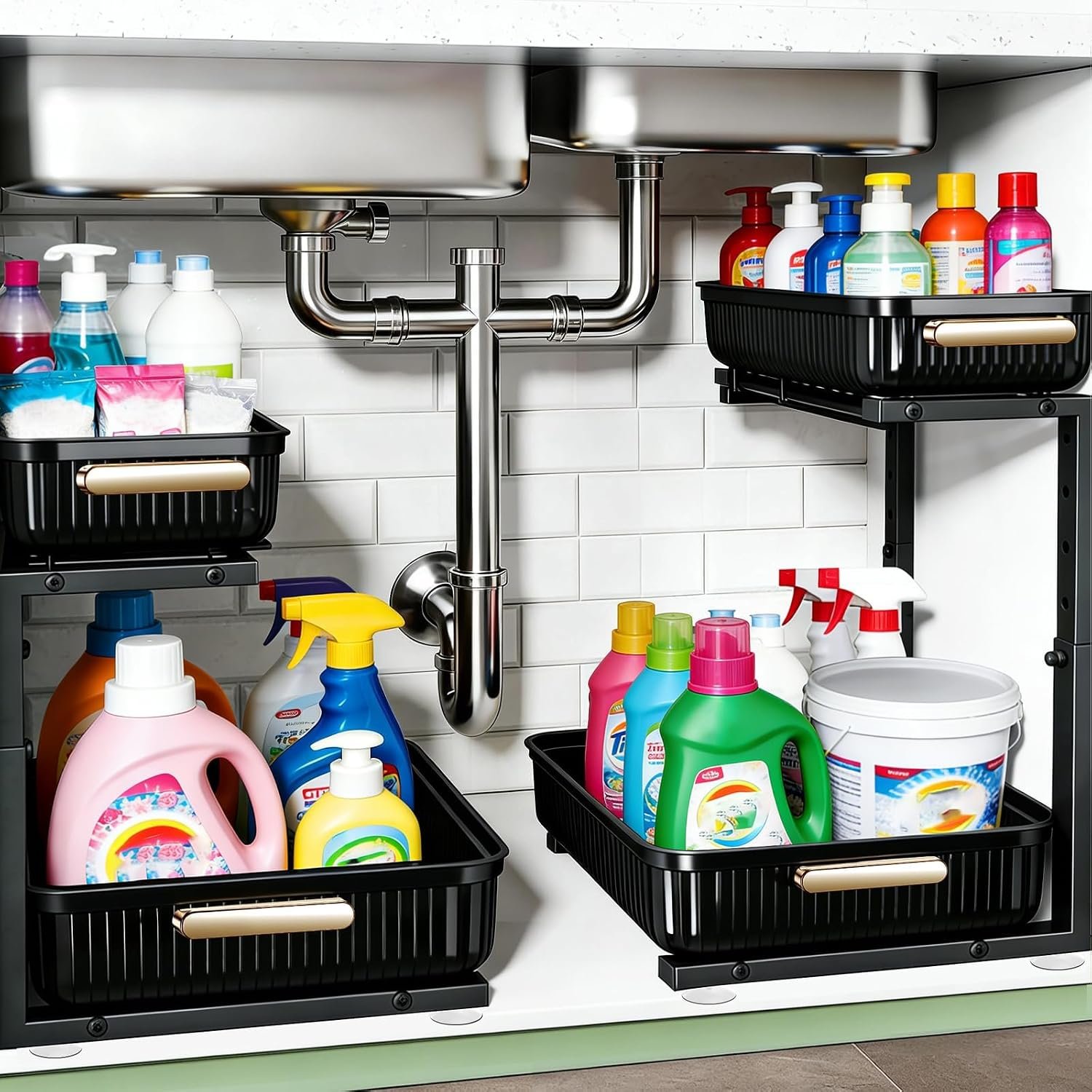 ARSTPEOE Under Sink Organizer - 2 Pack Multi-Purpose Pull-Out Storage Shelf