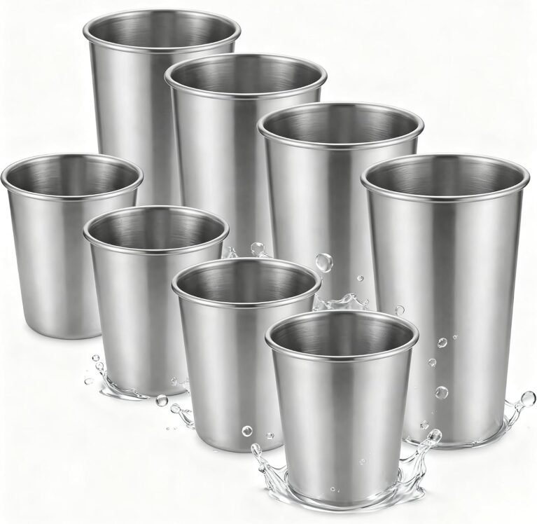 Stainless Steel Cups & Pint Tumblers Set of 8 - 4 Pack 8 oz + 4 Pack 16 oz Stackable, BPA Free Unbreakable 304 Metal Drinking Glasses for Children & Adults, Indoor Outdoor Picnic Travel Camping
