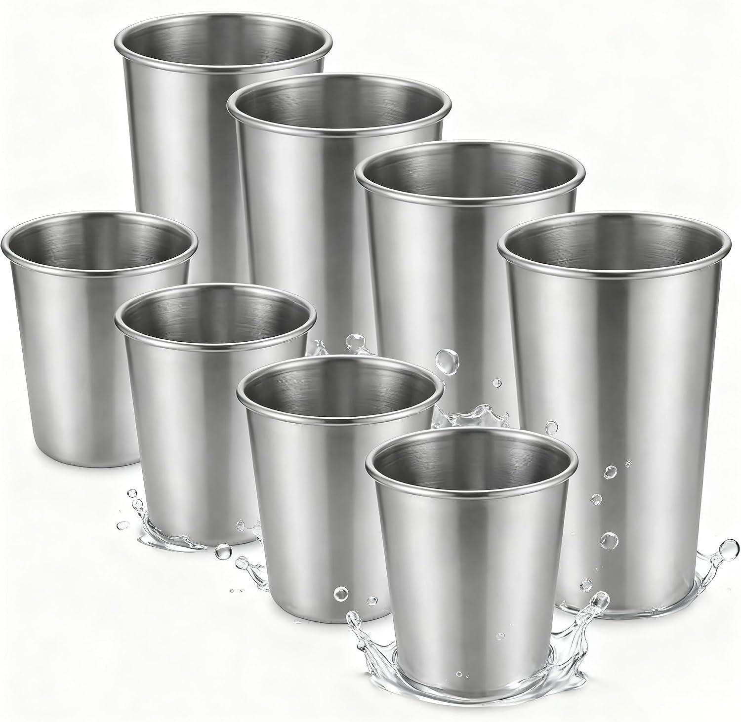 Stainless Steel Cups & Pint Tumblers Set of 8 - 4 Pack 8 oz + 4 Pack 16 oz Stackable, BPA Free Unbreakable 304 Metal Drinking Glasses for Children & Adults, Indoor Outdoor Picnic Travel Camping