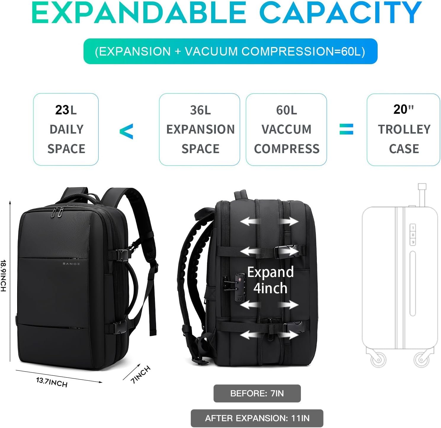 BANGE Air Vacuum Backpack with Pump,Seal Air Packing Vacuum System Compression with Anti Theft Lock, Expandable Large Capacity Backpack for Travel… - Image 5