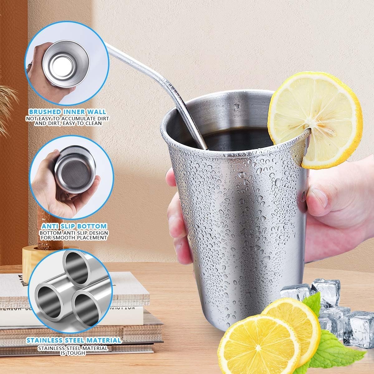 KISEER 5 Pack 16 Ounce Stainless Steel Pint Cups Shatterproof Cup Tumblers Unbreakable Metal Drinking Glasses for Bar, Home, Restaurant - Image 4