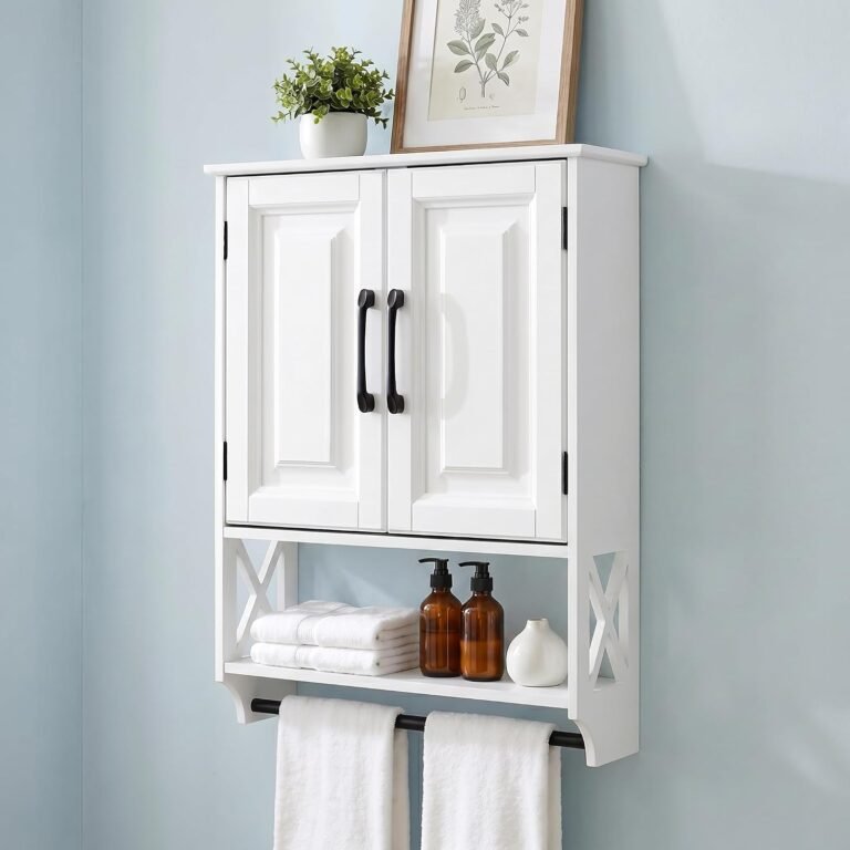Bathroom Wall Cabinet, 25"x19" Farmhouse Wall Mounted Medicine Cabinet with 2 Raised Panel Doors, Adjustable Shelf & Towel Bar–Over Toilet Storage Organizer for Laundry Room, Entryway or Small Spaces