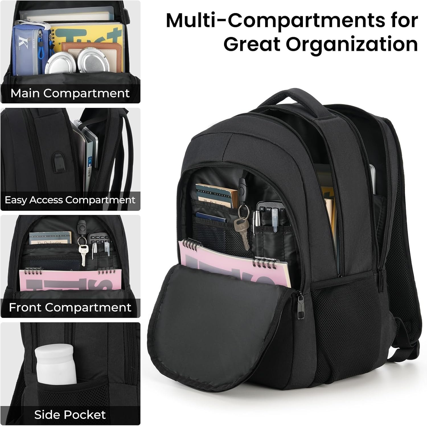 BIKROD Backpack for Men and Women, School Backpacks for Teen Boys Girls, Water Resistant Sturdy Anti Theft Travel Laptop Backpack, Black Student Bookbag Fits 15.6 Inch Laptop, Gifts - Image 2