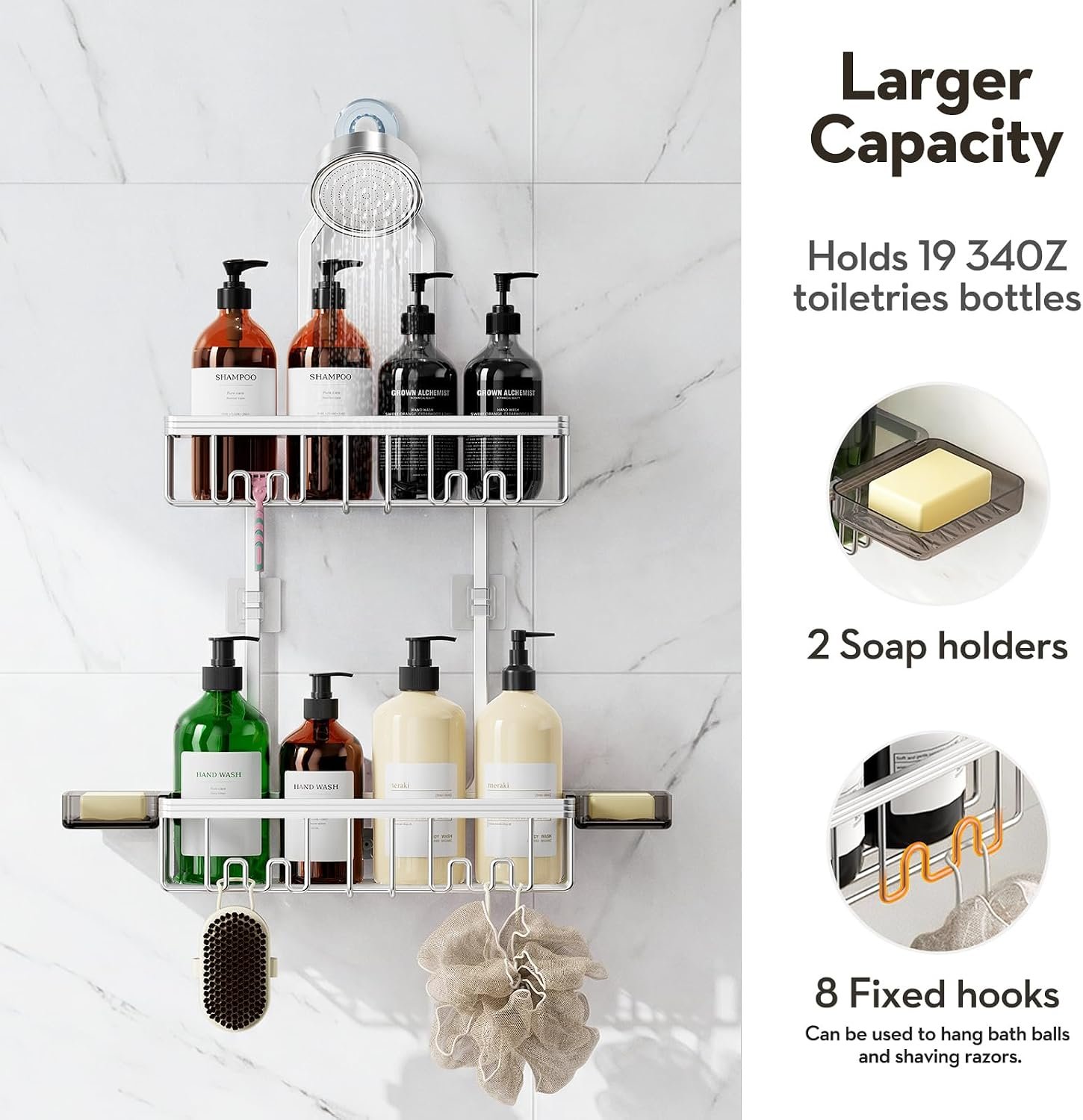 Shower Caddy Hanging, Never Rust Shower Organizer Hanging, Aluminum Shower Racks for Inside Shower with Hooks for Razor, Bathroom Organizers and Storage with Soap Holder, Bright Silver - Image 4