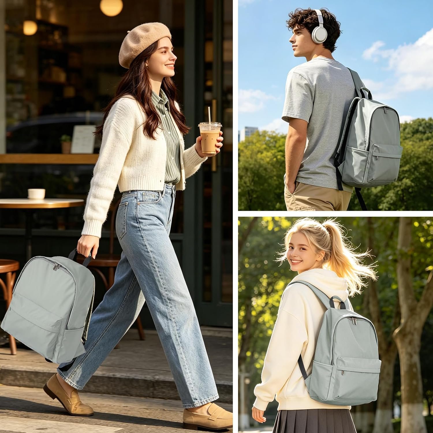 Zicac Canvas Backpack, Classic Basic Daypack, Lightweight Casual Travel Daypack Satchel Backpack (Gray-Green) - Image 2