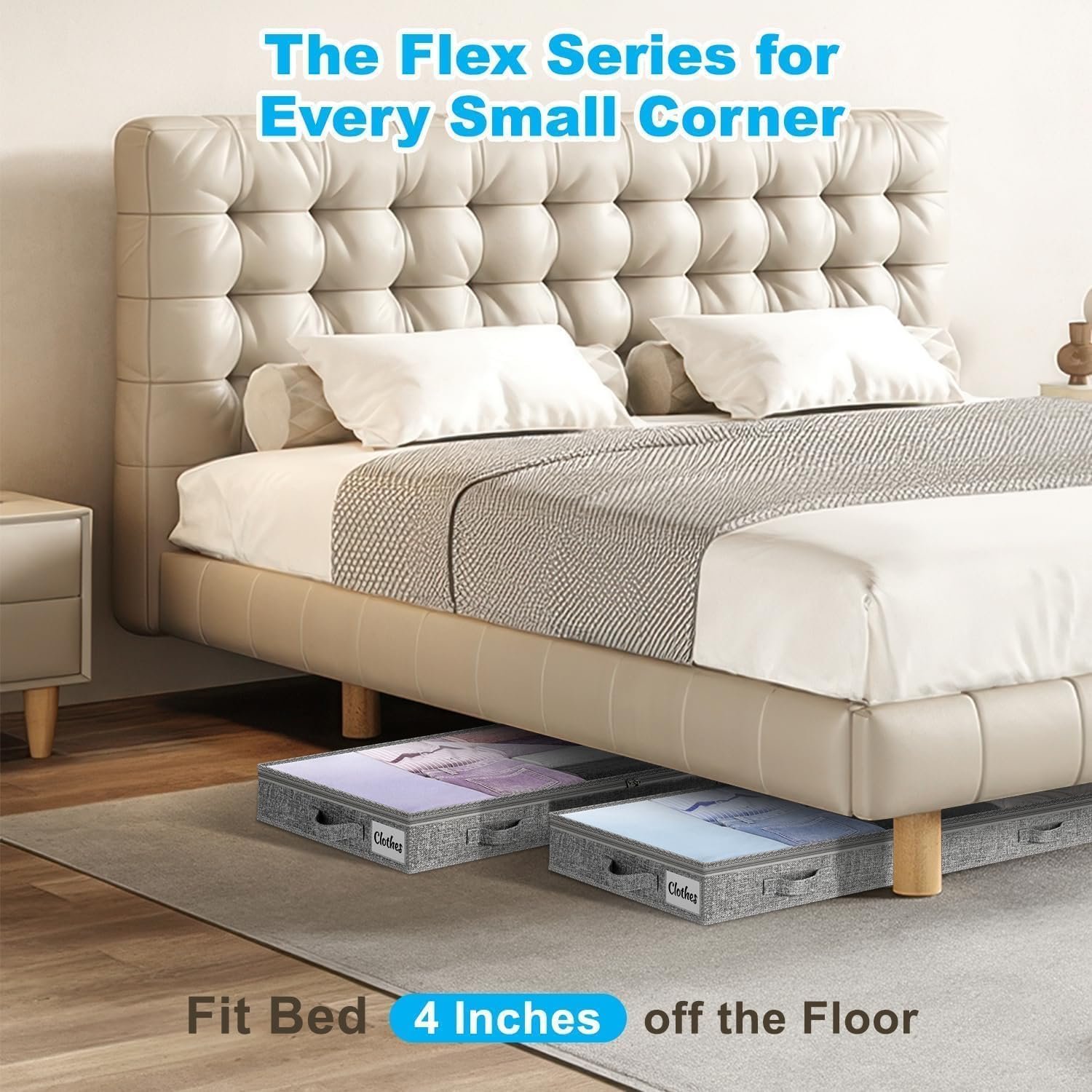 4 Inch Low Profile Under Bed Storage Drawer 2 Pack, Lightweight Underbed Clothes Storage Container Bins With NO STURCTURE, Shallow Storage Bag for Dorm & Home, With Clear Lids & Water-Resistant Fabric - Image 2