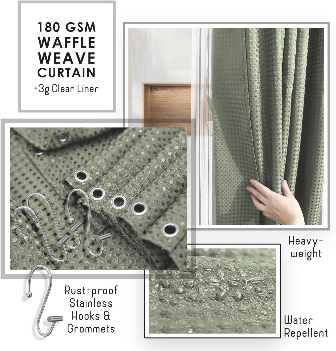 Clara Clark Bathroom Accessories Set - Bathroom Set, Bathroom Accessory Set, Shower Curtain Set, Toilet Brush, Trash Can & Soap Dispenser - Sage Green - 20PC - Image 8