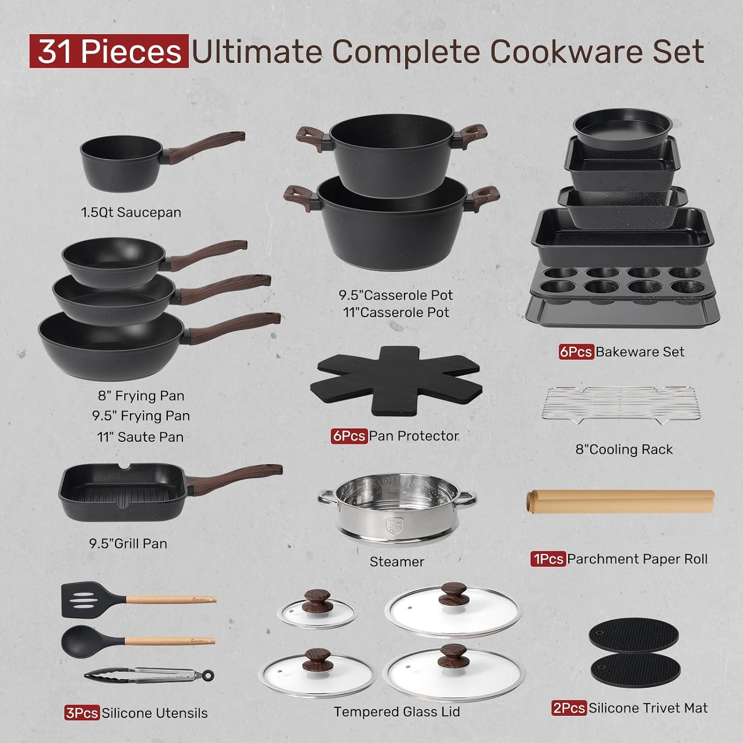 Kikcoin Pots and Pans Set Non Stick 31 Piece Kitchen Nonstick Cooking Cookware Sets with Grill Pan Saucepan Baking Sheet Utensil, Black - Image 2