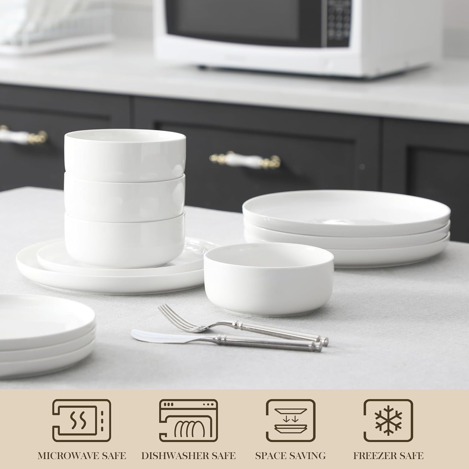 MALACASA 12 Pcs Porcelain Plates and Bowls Sets,Dinnerware Set for 4,White - Image 4
