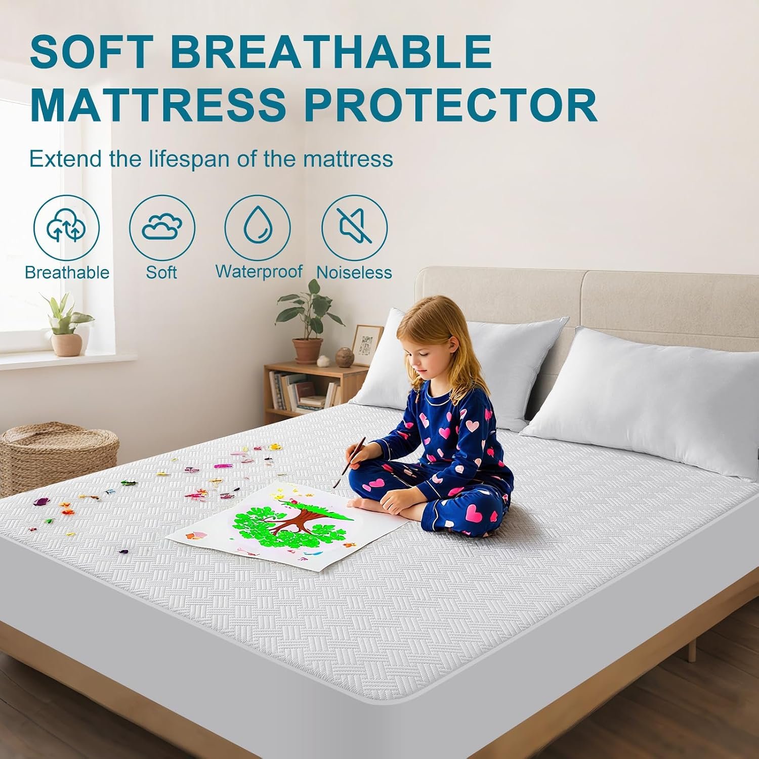 Waterproof Queen Size Mattress Protector with Deep Pockets, White - Image 3