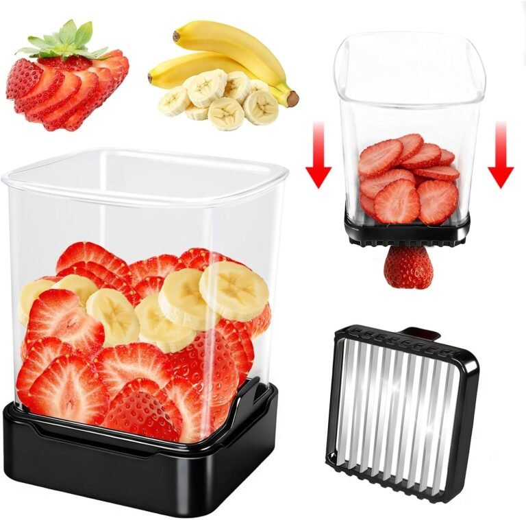 Fruit Slicer Cup for Strawberry, Banana, Hard-Boiled Egg - Detachable Cutter with Push Plate - 304 Stainless Steel Blade - Rapid & Safe Slicing Kitchen Gadget for Quick Meal Prep (Black)