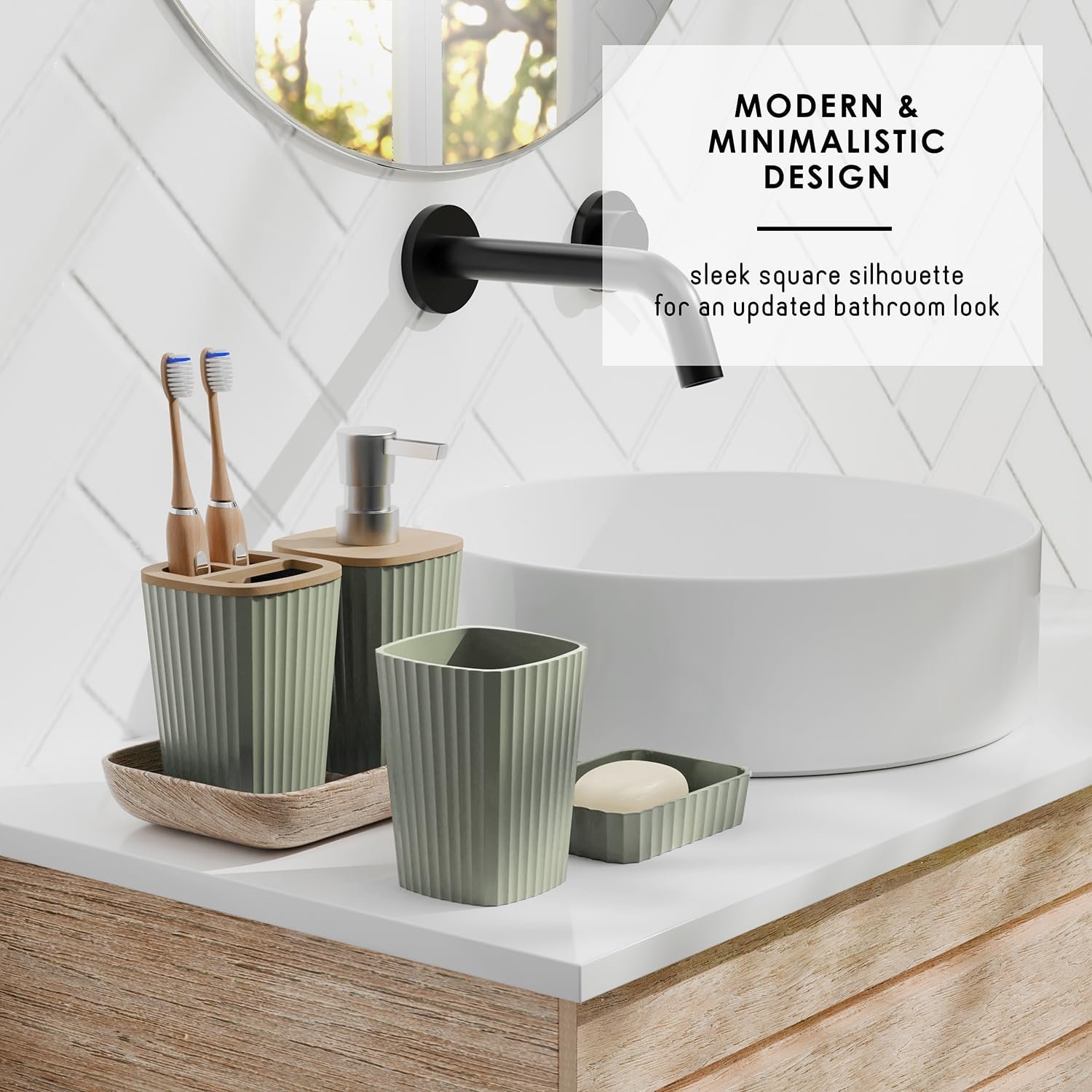Clara Clark Bathroom Accessories Set - Bathroom Set, Bathroom Accessory Set, Shower Curtain Set, Toilet Brush, Trash Can & Soap Dispenser - Sage Green - 20PC - Image 3