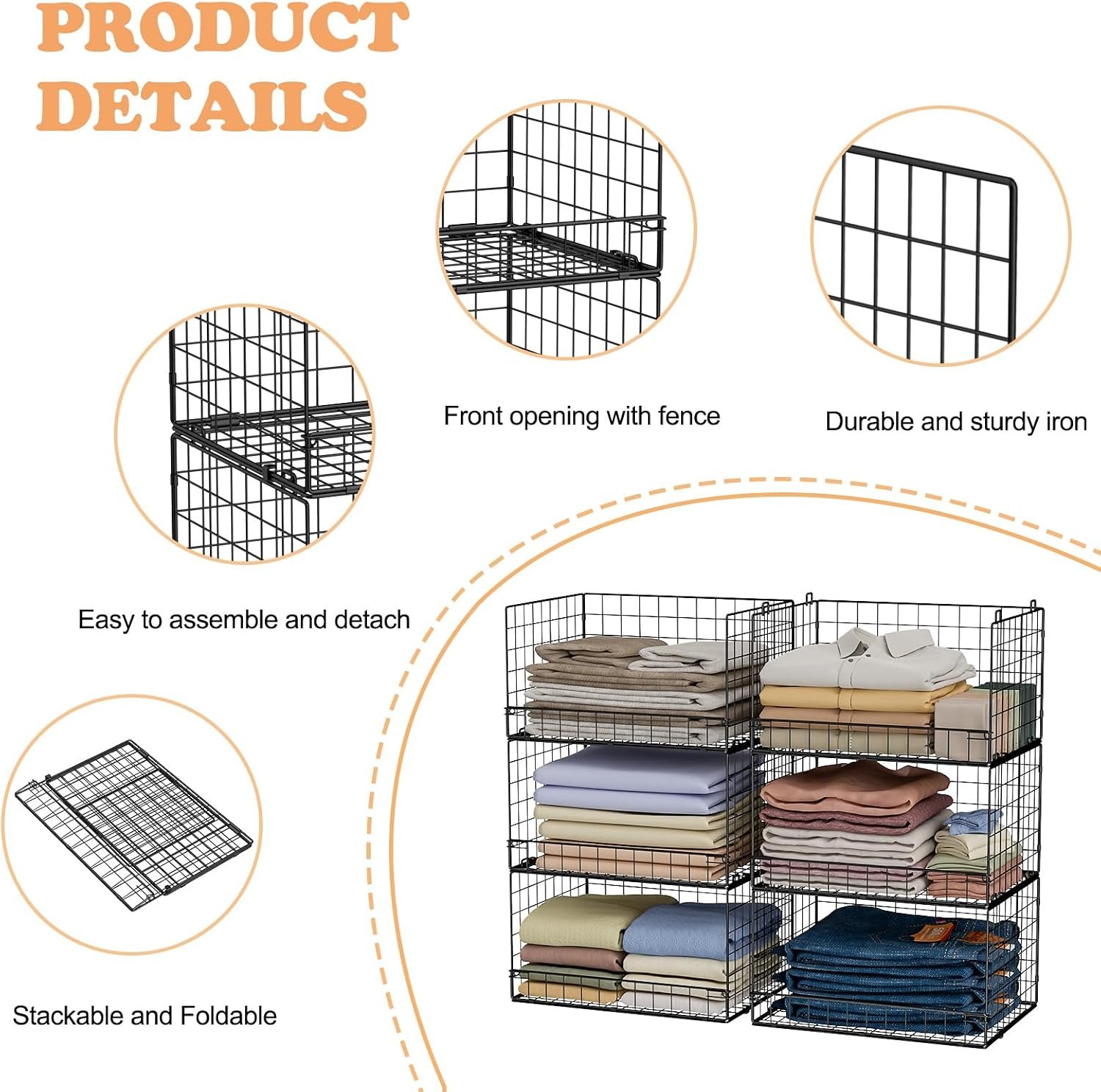 Yociyoga 6-Tier Stackable Closet Organizers and Storage Shelves, Closet Shelf Organizer Basket Bins, Foldable Sweater Storage for Clothes Organizer System, Black(Patent No. 30022416) - Image 5
