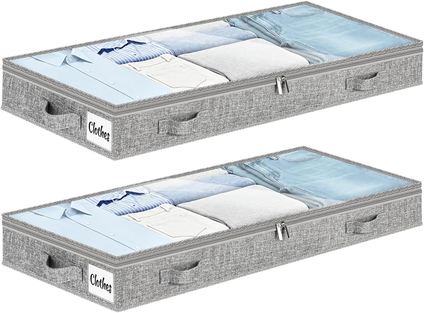 3 Inch Low Profile Under Bed Storage Drawer 2 Pack, Lightweight Underbed Clothes Storage Container Bins With NO STURCTURE, Shallow Storage Bag for Dorm & Home, With Clear Lids & Water-Resistant Fabric