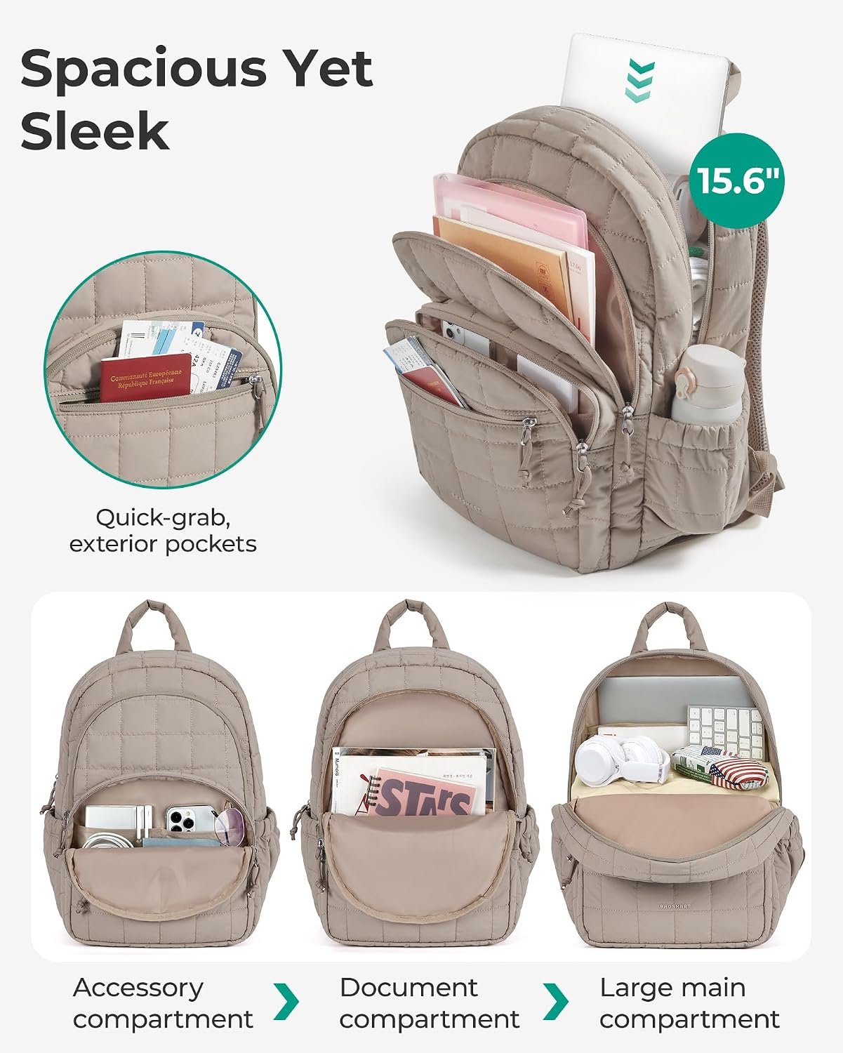 BAGSMART Travel Backpack for Women, 15.6" College Laptop Backpack, Camel - Image 3