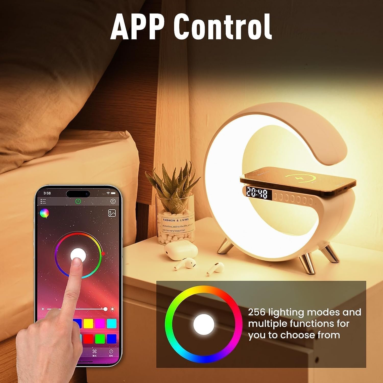Smart LED Table Lamp, 4-in-1 Wireless Charger, Night Light, Alarm Clock, Bluetooth Speaker with App Control, Bedside Lamp with Charging Station for Bedroom, Office, Home Decor, Teen Girls Boys Gifts - Image 7