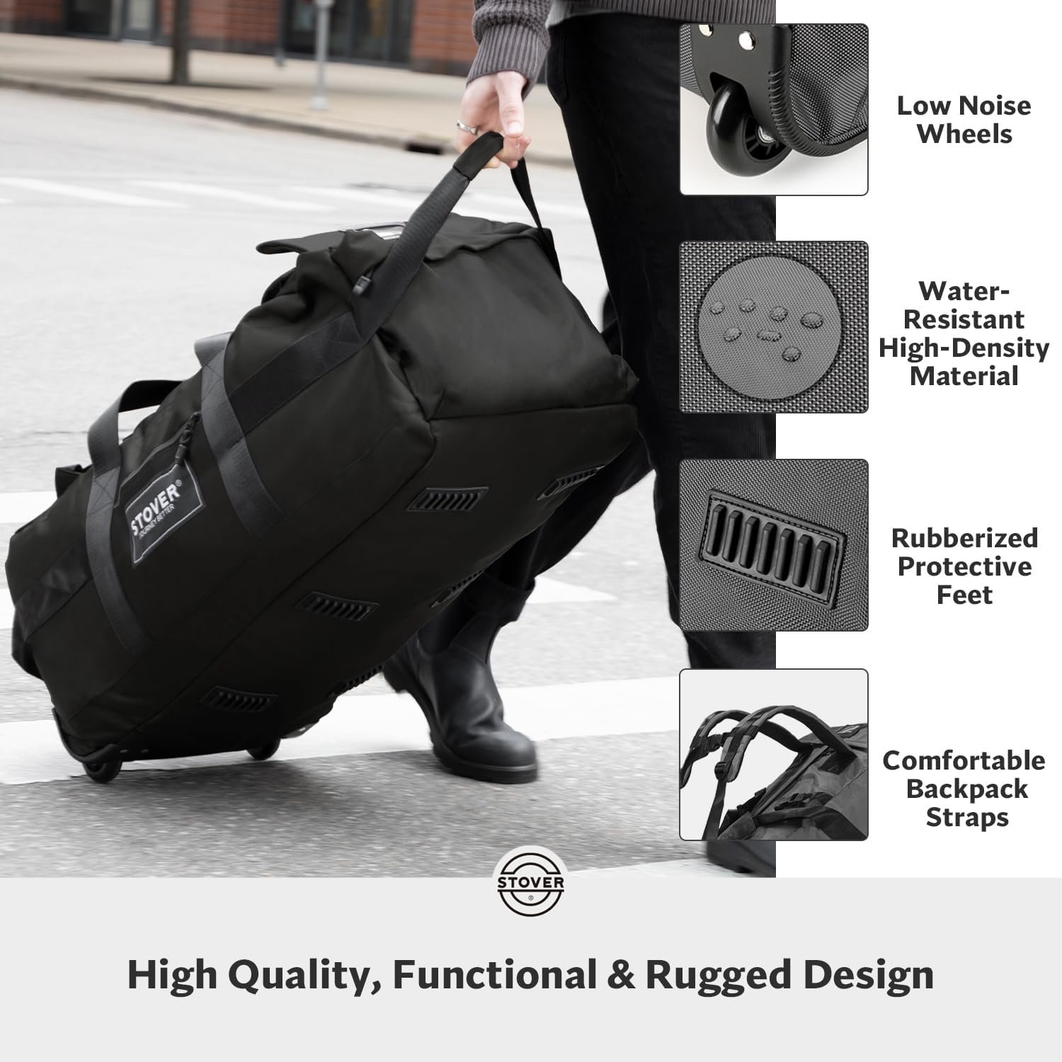 STOVER 45/80/100L Rolling Duffel Bag with Wheels, X-Large Durable Travel Duffle + Toiletry Bag, Heavy Duty, Packable with Shoulder Straps- Use as Luggage or Backpack, Men/Women (Black) - Image 6