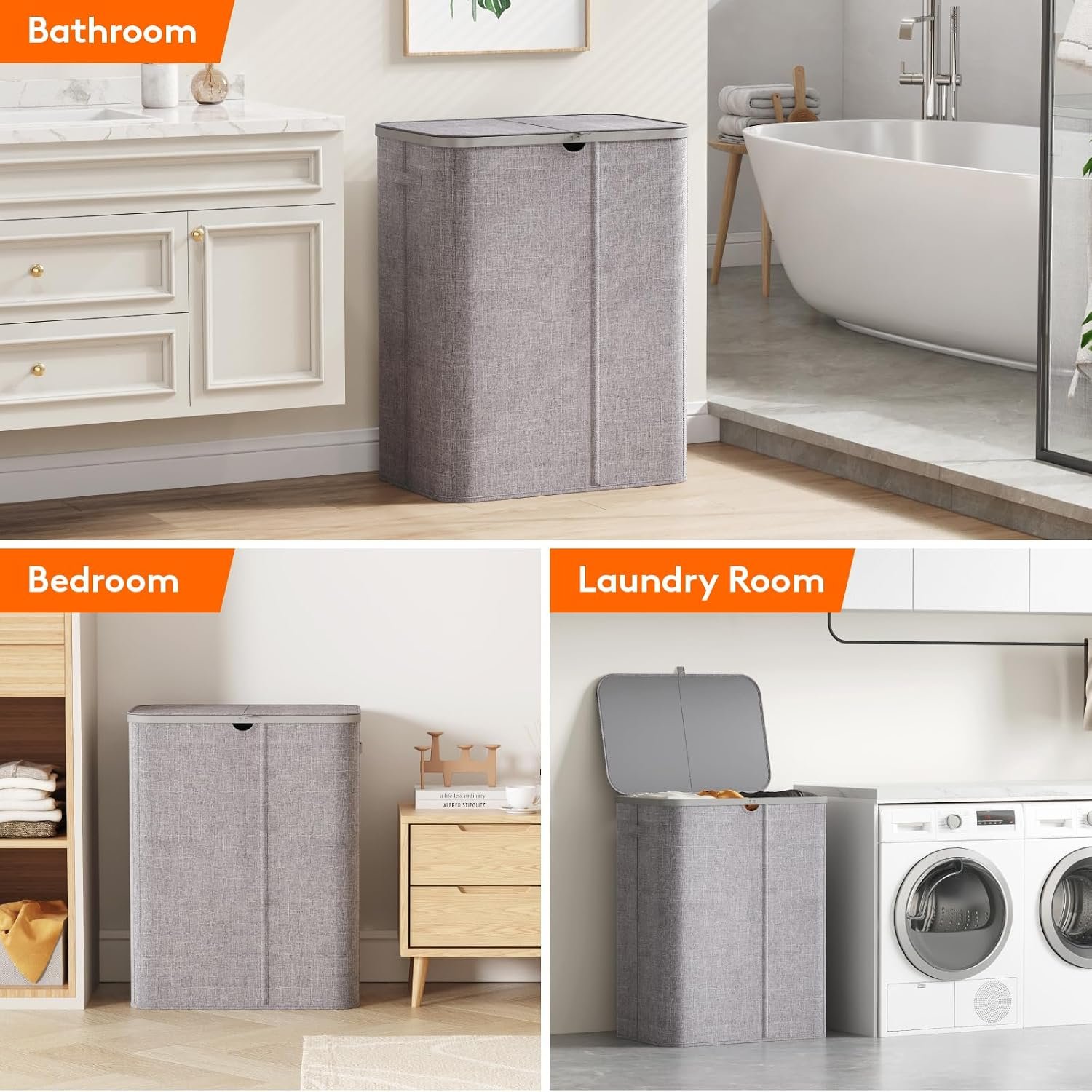 Lifewit 185L 3 Section Laundry Hamper with Lid, Laundry Basket, Light Gray - Image 9