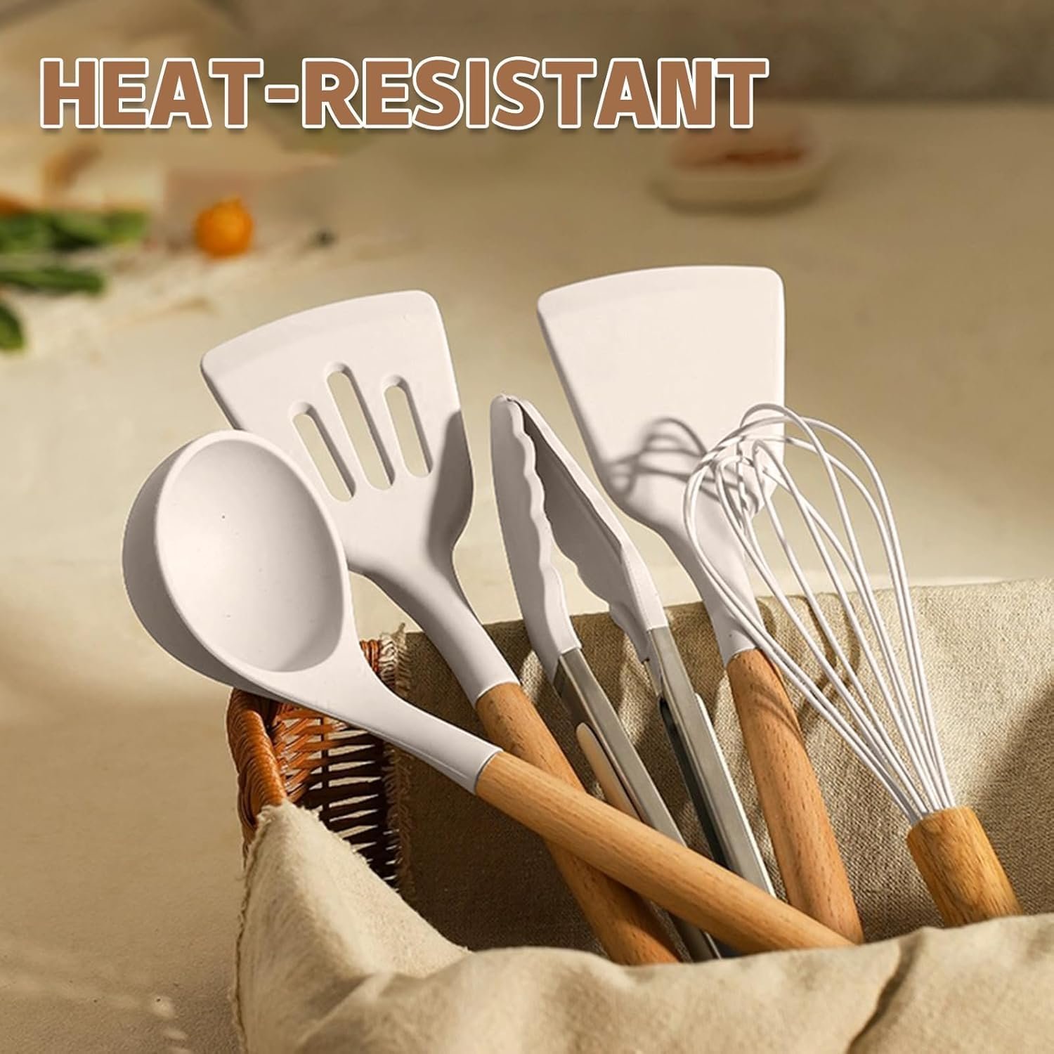 Umite Chef Kitchen Cooking Utensils Set, 33 pcs Non-Stick Silicone Cooking Kitchen Utensils Spatula Set with Holder, Wooden Handle Silicone Kitchen Gadgets Utensil Set (Khaki) - Image 6