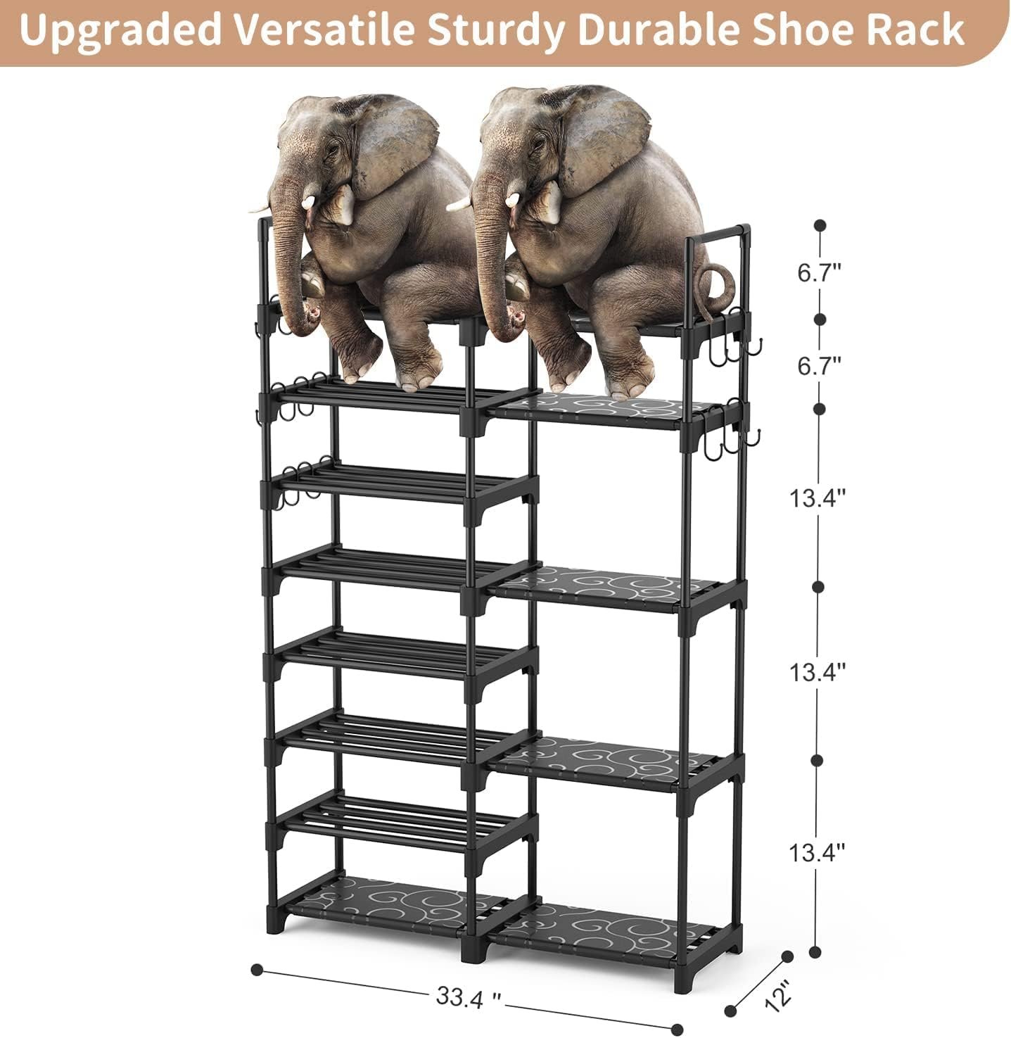 ROJASOP Shoe Rack Organizer, 8-Tier Metal Shoe Rack for Closet Entryway Garage, 26-32 Pairs Tall Shoe Boot Storage Shelf with 15 Hooks, Stackable Large Shoe Stand - Image 3