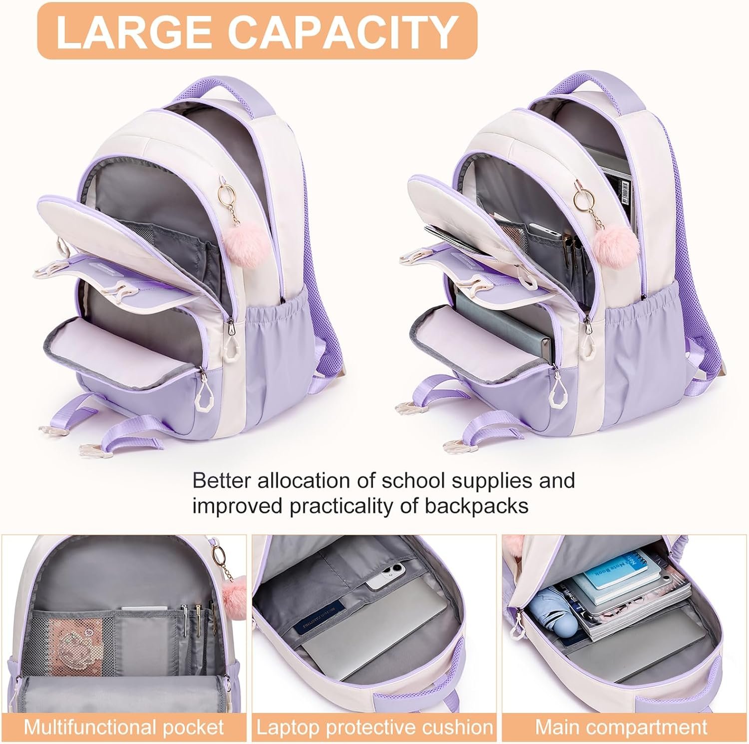 School Backpack for Teen Girls College Students, 15.6 Inch Cute Anti-Theft Bookbag for Middle High School, Large Ergonomic Shoulder Straps Daypack Travel Backpack, Pastel Lilac - Image 2