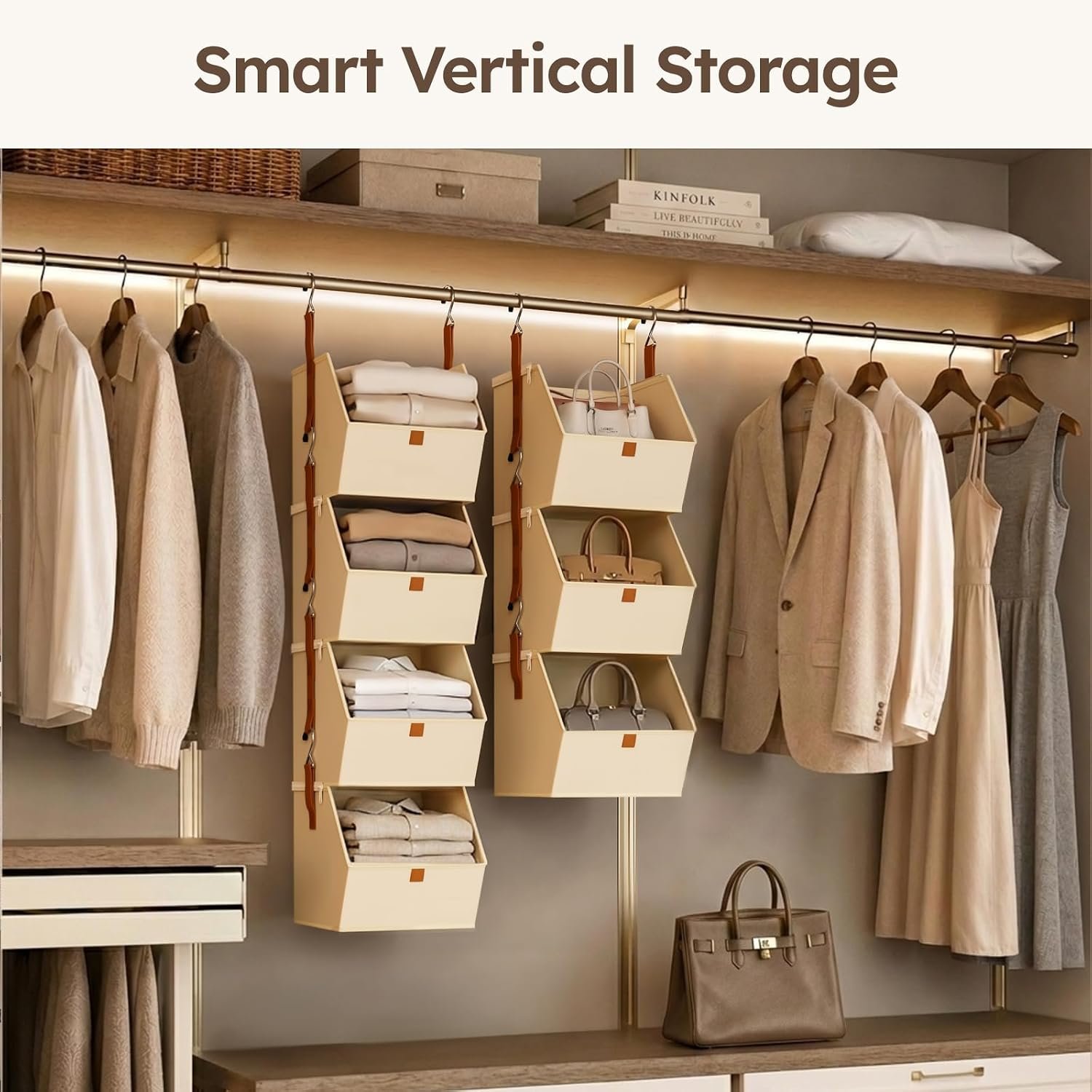 Homsorout Hanging Closet Organizer 4 Tier - Clothes Hanging Shelves, Space-Saving Closet System, Fabric Storage Bins Bedroom Organization, Collapsible Baskets for Home, Dorm, Rv, Beige - Image 2