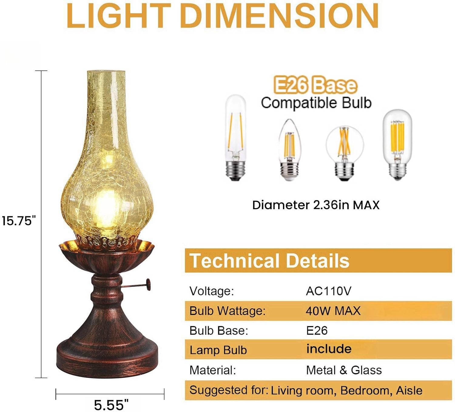 Vintage Table lamp Antique Rustic Farmhouse Desk Lamps Western Victorian Crackled Glass Design Bedside Lamps Living Room Bedroom Studio (Amber) - Image 5