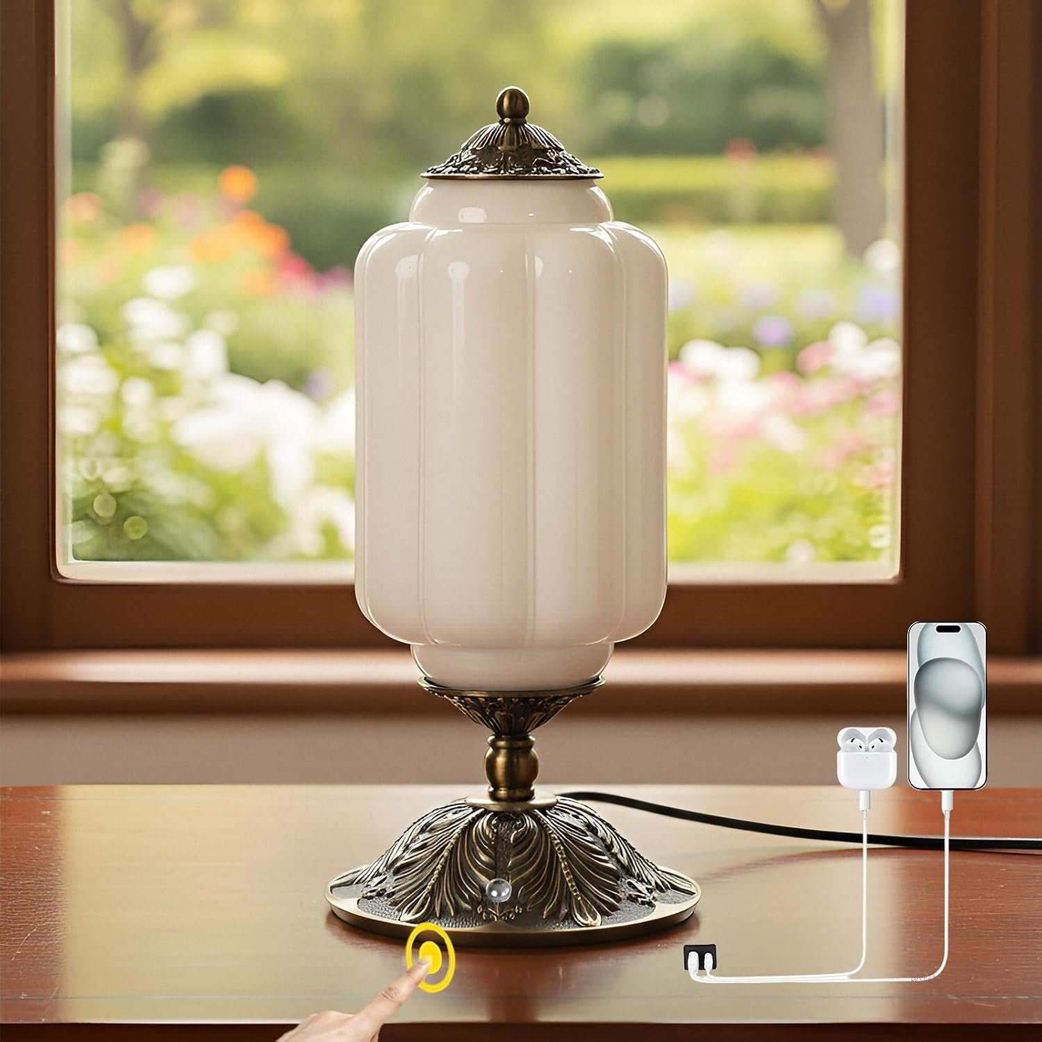 Vintage Touch Bedside Table Lamp, Elegant Green Glass Bedside Desk Lamp 3 Way Dimmable with USB C+A Charging Ports - Bedroom Nightstand & Living Room Essential (Vintage White, 6.5)